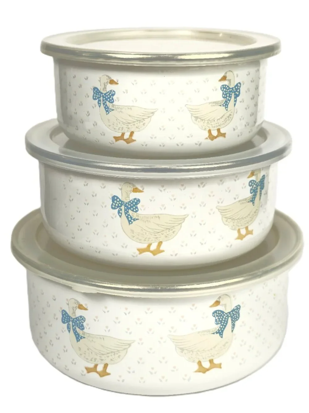 Vintage Goose Enamelware Nesting Bowls Set of 3 with Lids Country Farm Kitchen